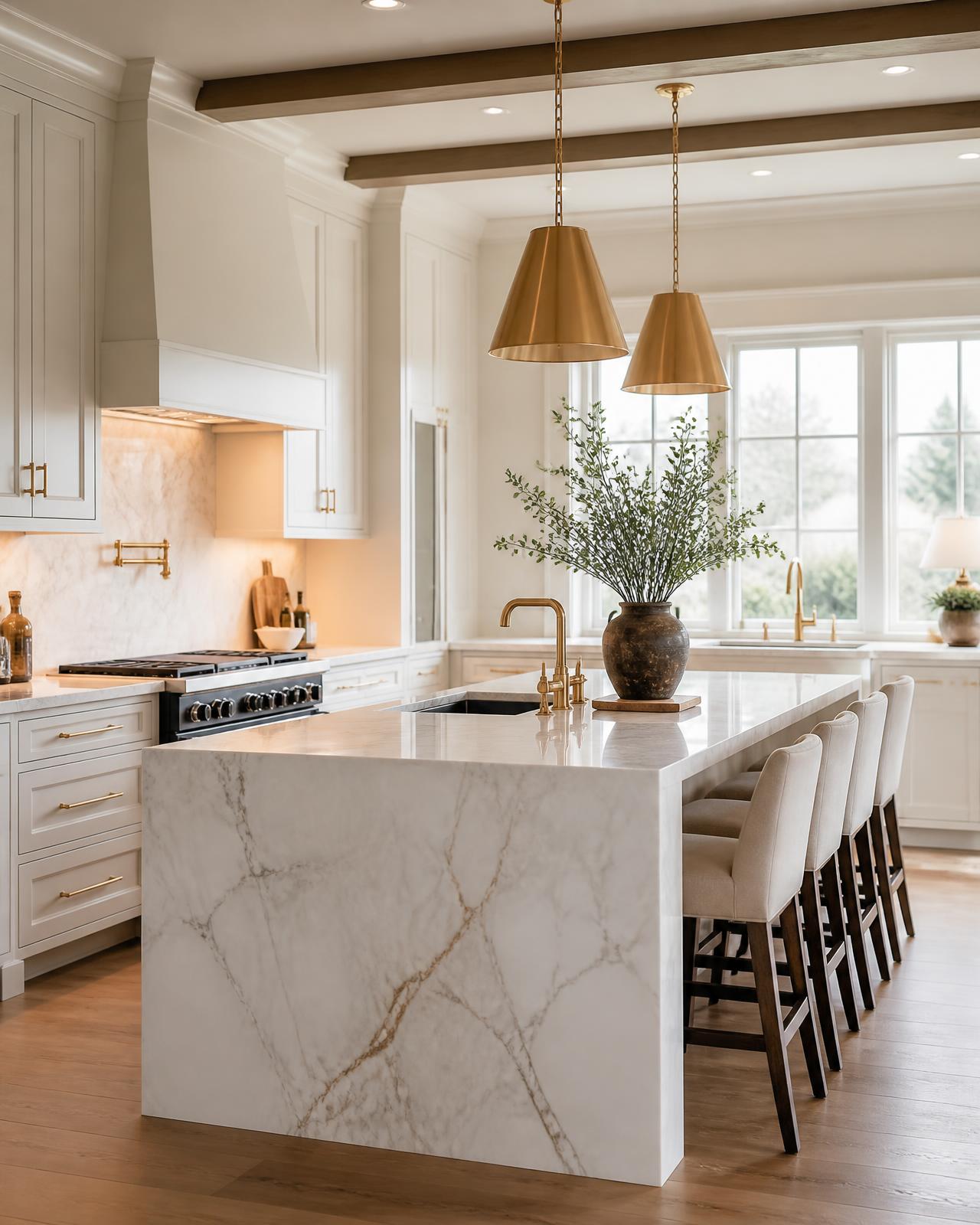Newly renovated luxury kitchen with marble island and brass fixtures